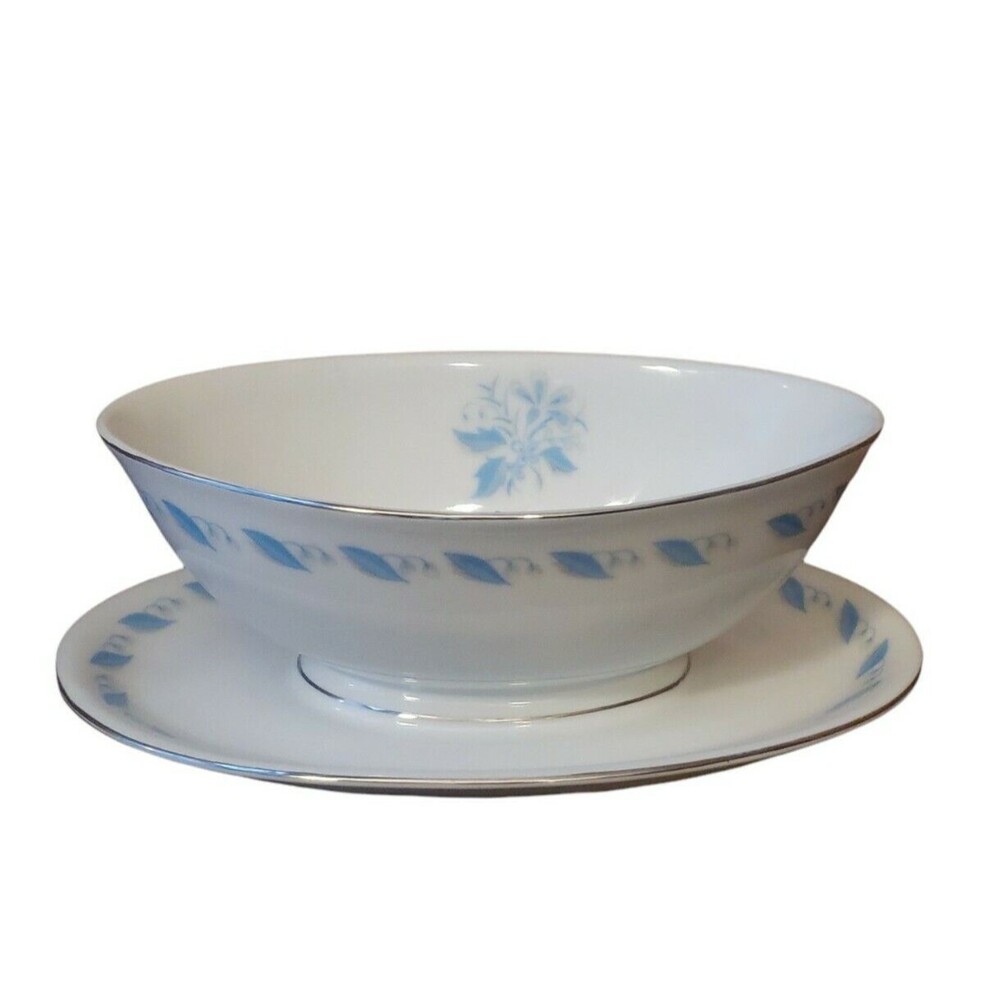 Abalone China Sky Flower Gravy Boat Vintage Japan MCM White Blue Platinum Trim